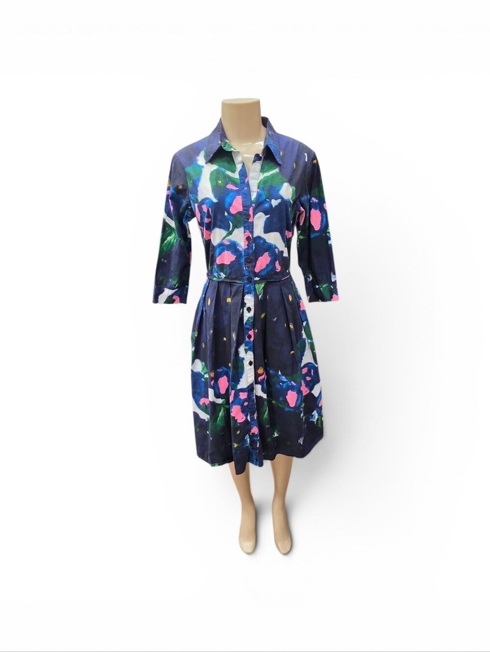 Samantha Sung Audrey Watercolor Floral Pleated Midi Shirtdress Size 2 Cotton